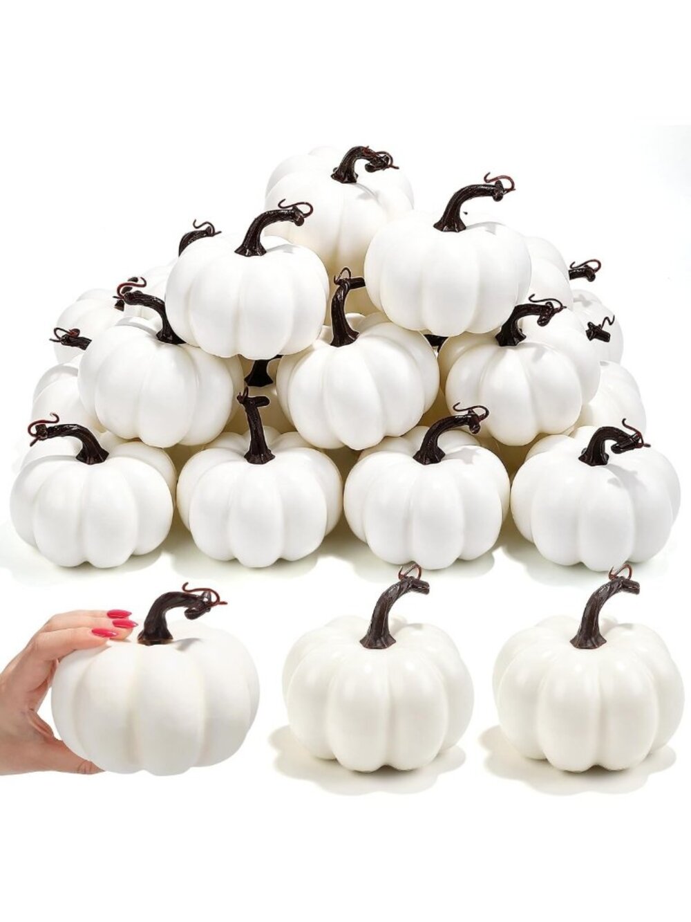 24 Pack Mini White Artificial Pumpkins - Lifelike Fall Decor for Halloween